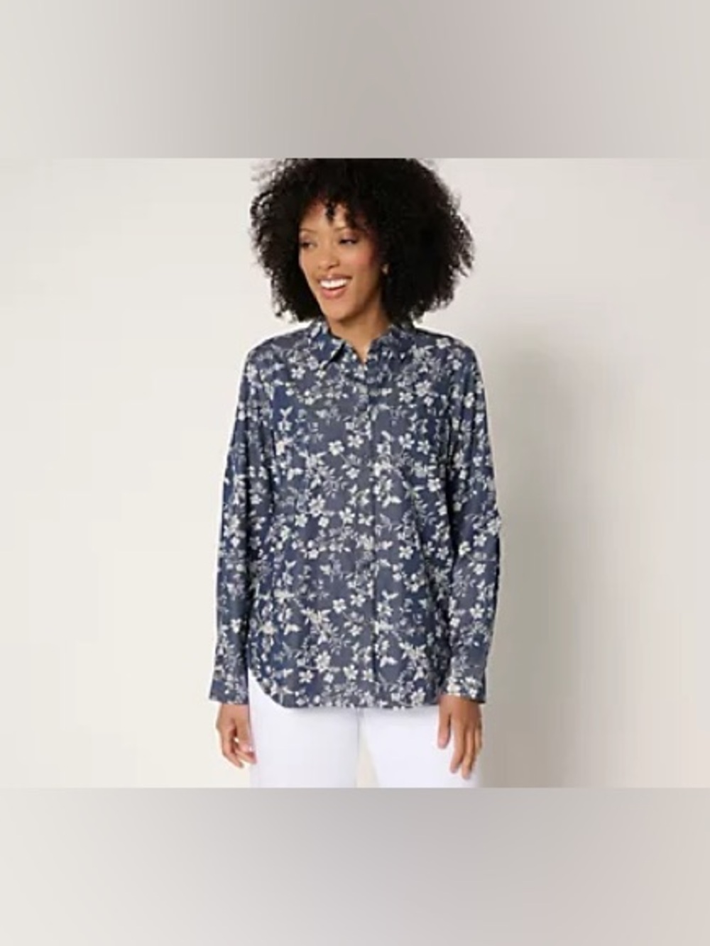 Joan Rivers Cotton Chambray Floral Classic Button Front Shirt dark blue  XL NWT
